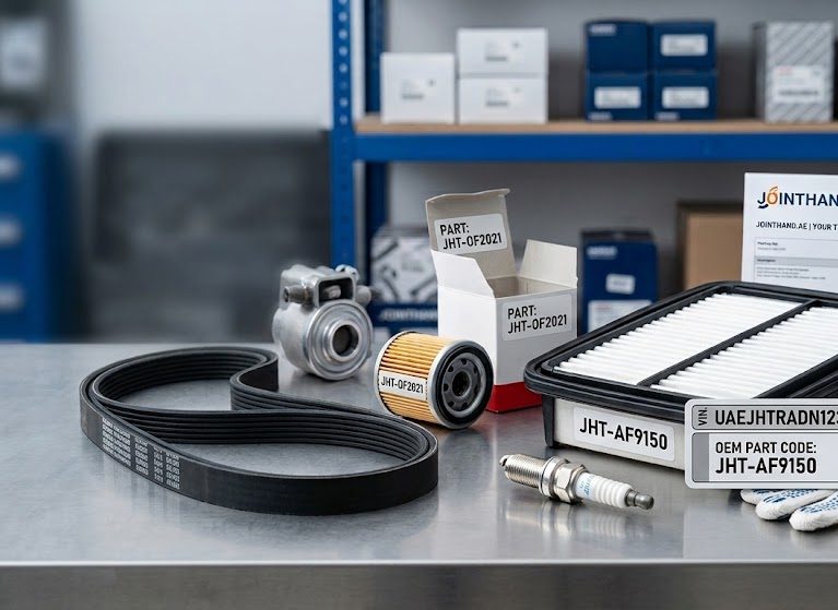 A guide image showing how to match car VIN and part numbers for genuine spare parts in the UAE.