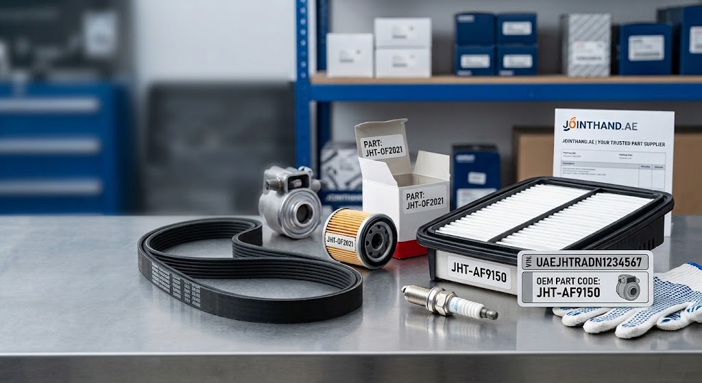 A guide image showing how to match car VIN and part numbers for genuine spare parts in the UAE.