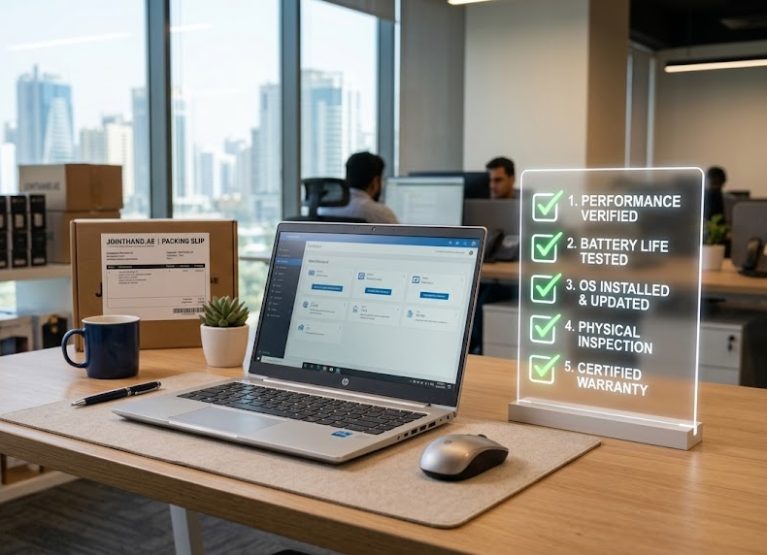 A high performance business laptop displayed on an office desk representing refurbished laptops in UAE.