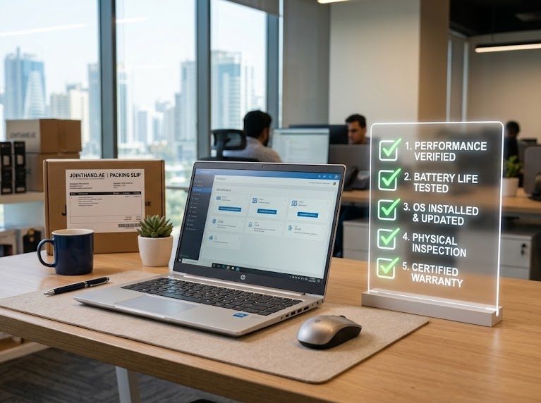 A high performance business laptop displayed on an office desk representing refurbished laptops in UAE.