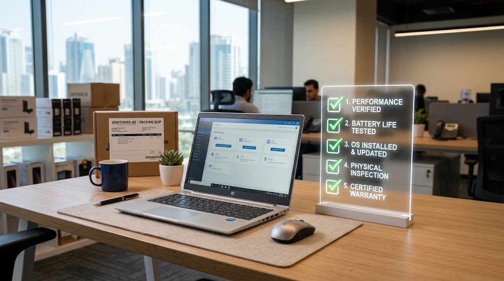 A high performance business laptop displayed on an office desk representing refurbished laptops in UAE.
